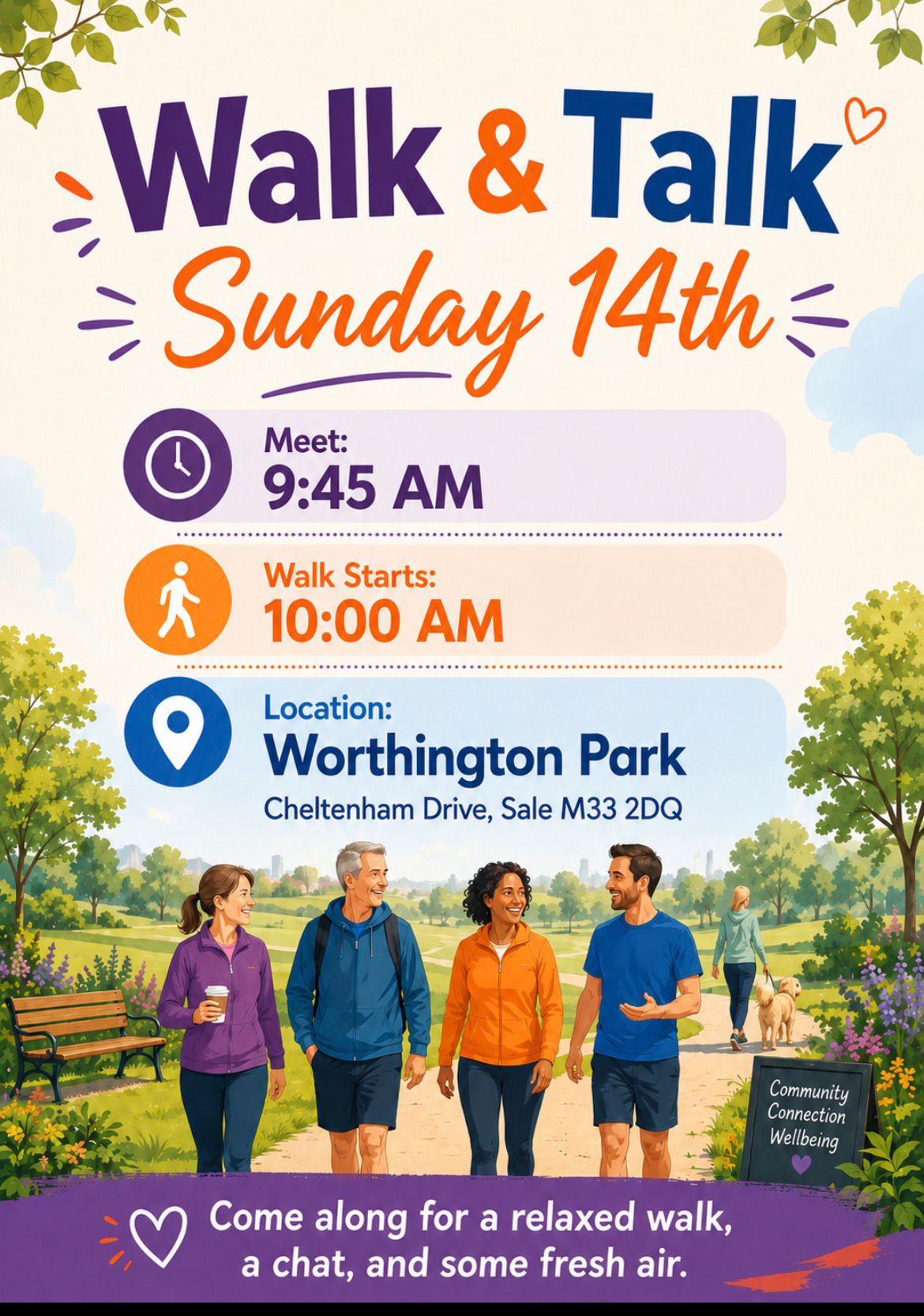 Walk & Talk Sunday 14th at Worthington Park, Sale — meet 9:45 AM, walk starts 10:00 AM