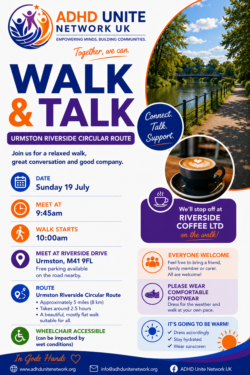 Walk & Talk poster for Urmston Riverside Circular Route on Sunday 19 July