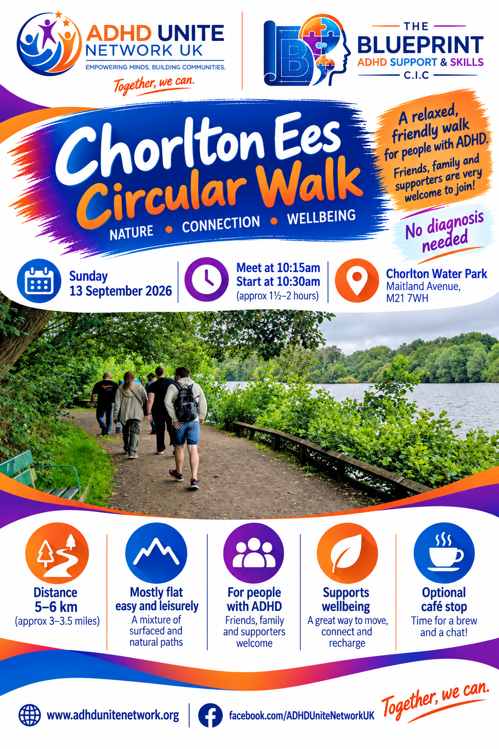 Chorlton Ees Circular Walk poster — Sunday 13 September 2026, meet 10:15am at Chorlton Water Park